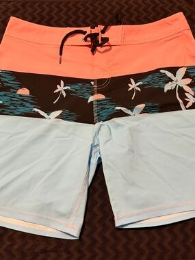 Men's Colorblock Coral & Light Blue Board Shorts with Tropical Panel